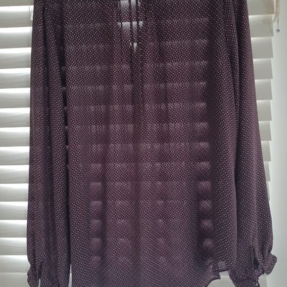 NYDJ Women’s Large Purple Geometric Tile Print Blouse Pintuck Ruffle Neck - Picture 7 of 10